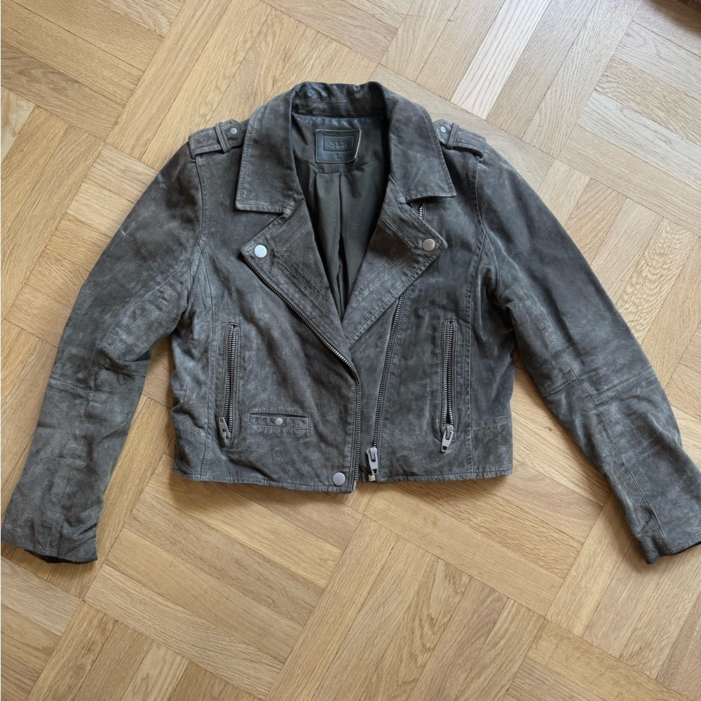 Olive Green Leather Moto Jacket with Silver Hardware